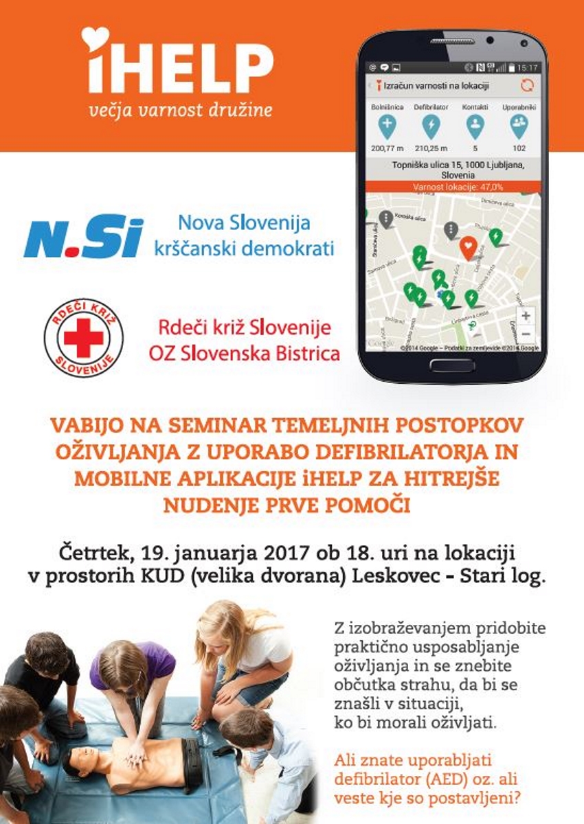 Vabilo na seminar o uporabi defibrilatorja in iHELP aplikacije