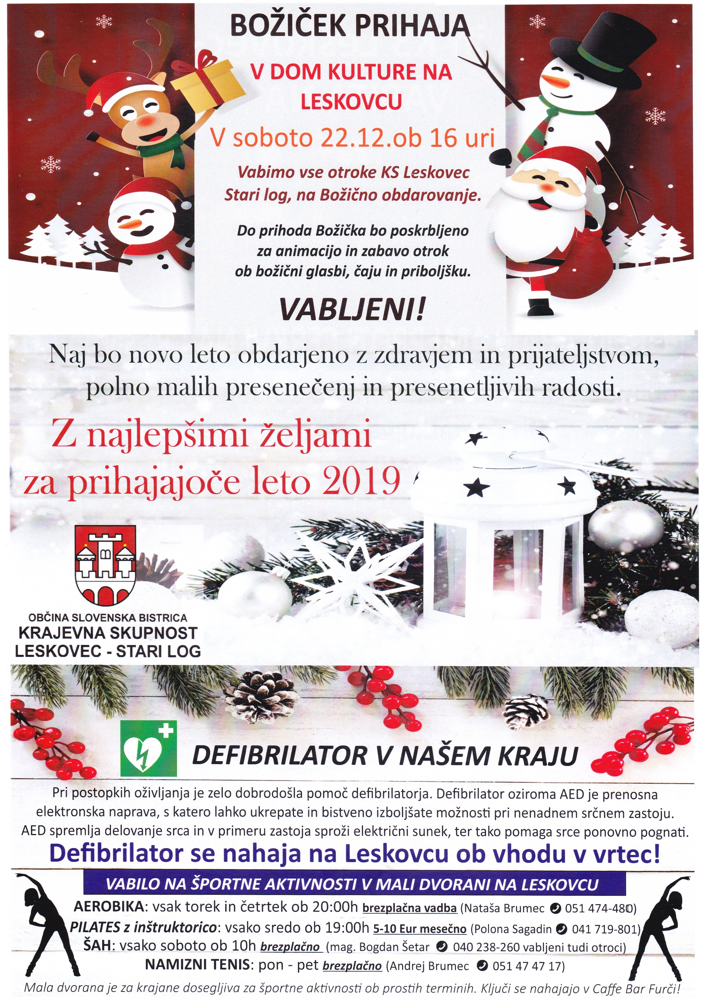 Vabilo na bo�i�no obdarovanje otrok 2018, �estitka KS 2019, obvestilo defibrilator, �portne aktivnosti