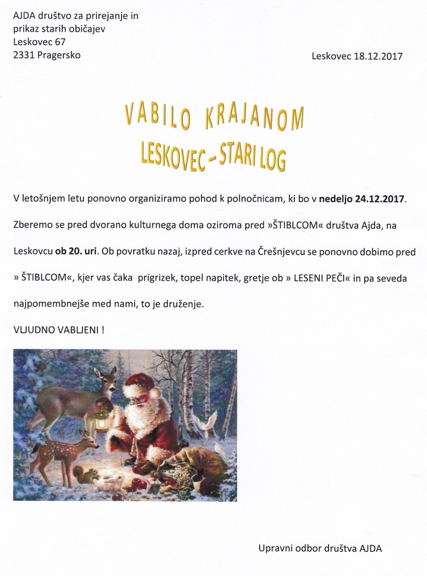 Vabilo na pohod z baklami k polno�nicam 2017