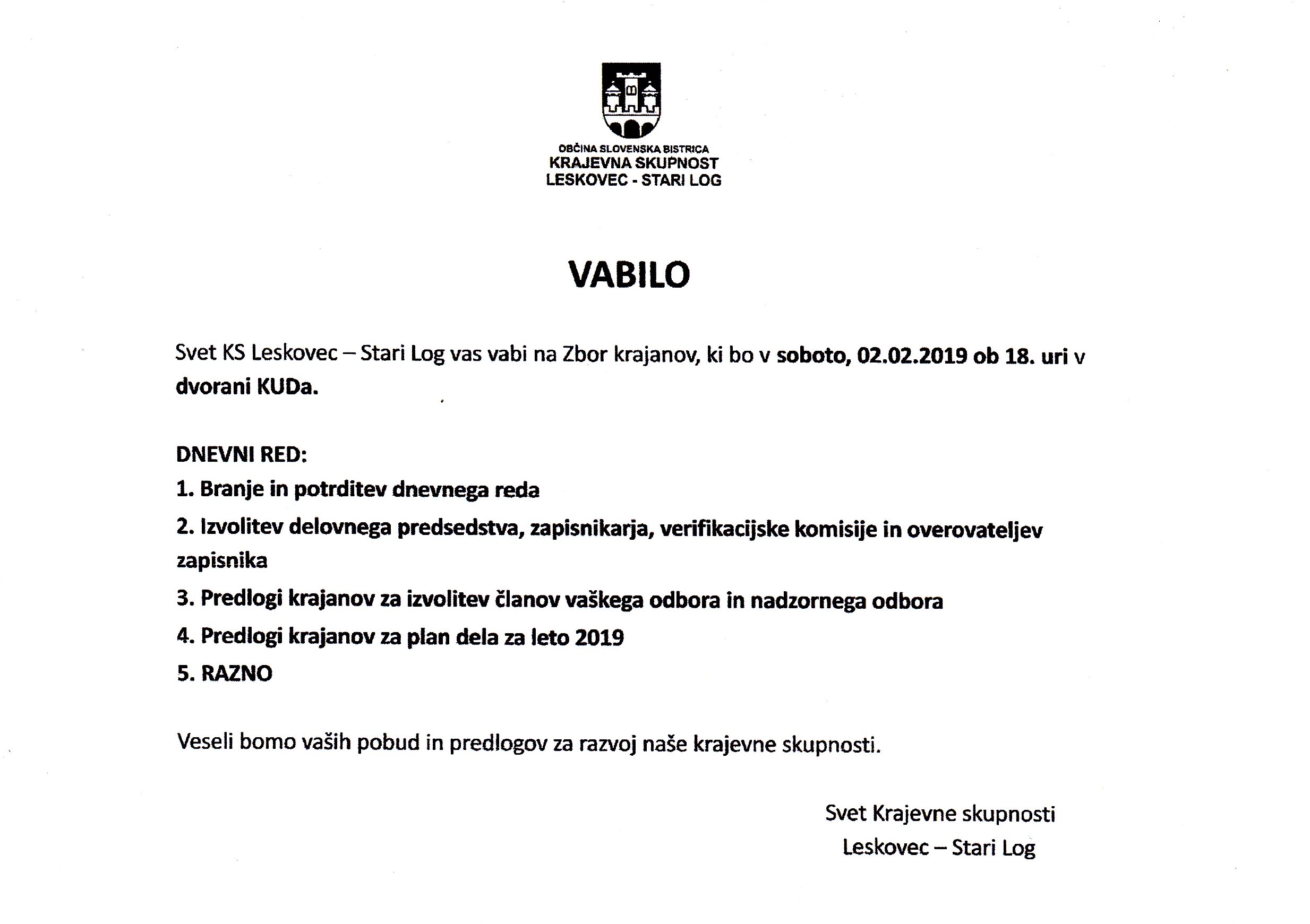 Vabilo na zbor krajanov 2.2.2019